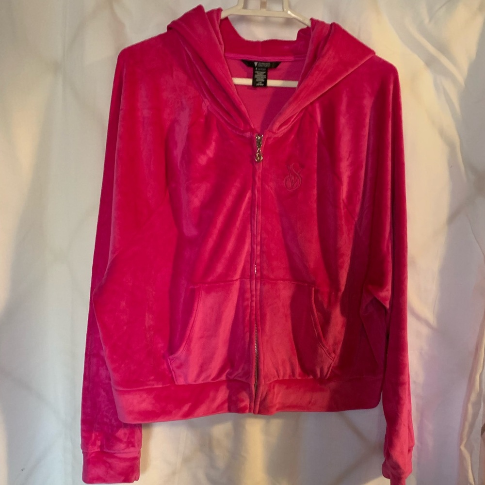 Hot Pink Velour Victoria’s Secret Zip-Up Hoodie Lg